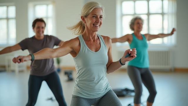 A diverse group of active adults performing gentle exercises with resistance bands in a bright, modern studio.