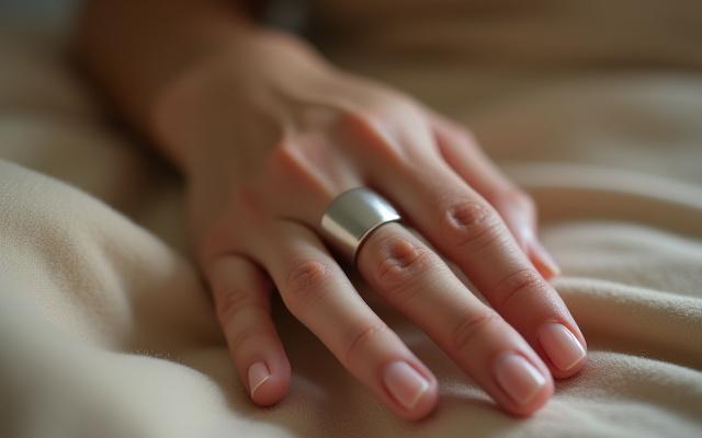 Close-up of an Oura Ring Gen3 on a person's finger, showcasing its sleek design and advanced technology.