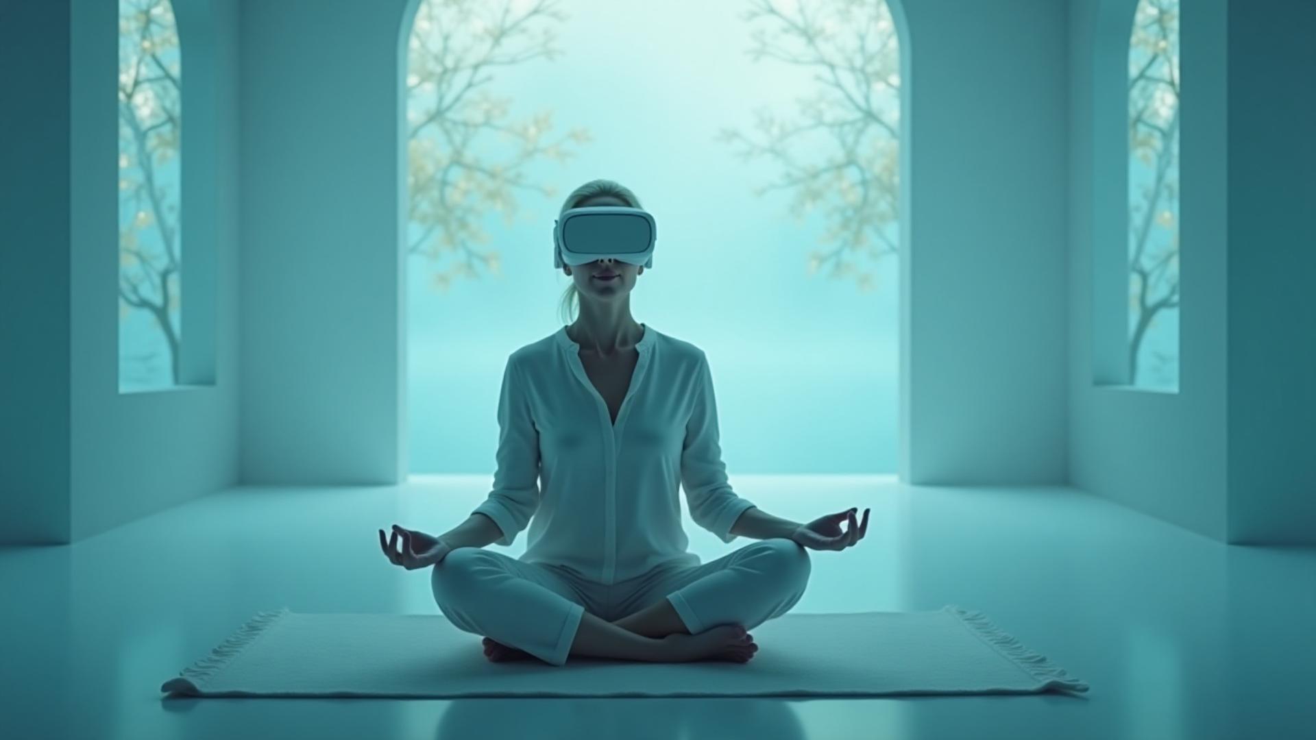 A woman meditating in a serene, sunlit virtual space, representing digital wellness and mindfulness.