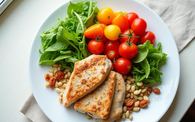 A balanced plate of vibrant, fresh vegetables and lean protein, illustrating mindful eating.