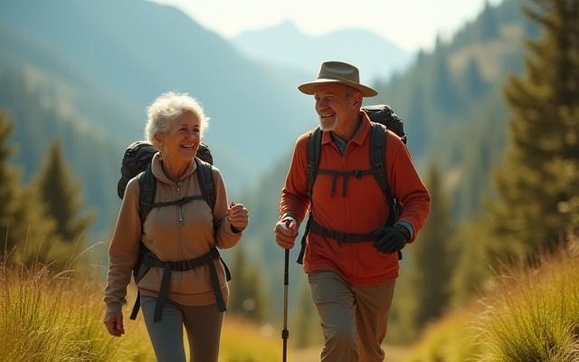 An older couple gleefully hiking on a scenic mountain trail, enjoying movement and nature.