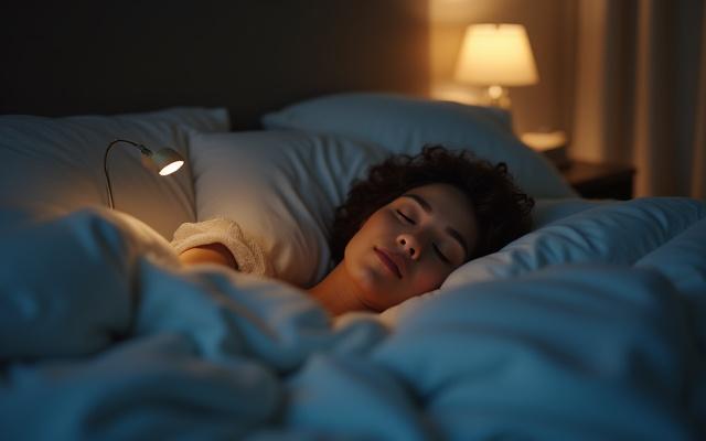 A person sleeping soundly in a cozy, dark bedroom with soft lighting, emphasizing restorative sleep.